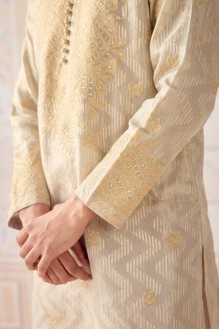 Shop_Shyam Narayan Prasad_Ivory Silk, Cotton Satin Embroidery, Applique Designer Kurta Set _Online_at_Aza_Fashions