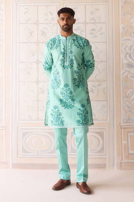 Buy_Shyam Narayan Prasad_Blue Chanderi, Cotton Satin Embroidery Plume Printed Kurta Set _Online_at_Aza_Fashions