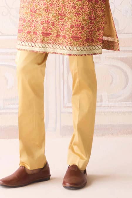 Shyam Narayan Prasad_Yellow Chanderi Cotton Embroidery Kurta Set _Online_at_Aza_Fashions