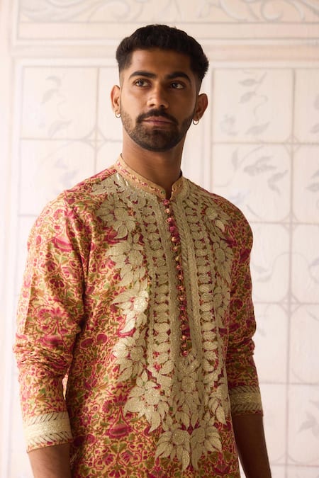 Buy_Shyam Narayan Prasad_Yellow Chanderi Cotton Embroidery Kurta Set _Online_at_Aza_Fashions