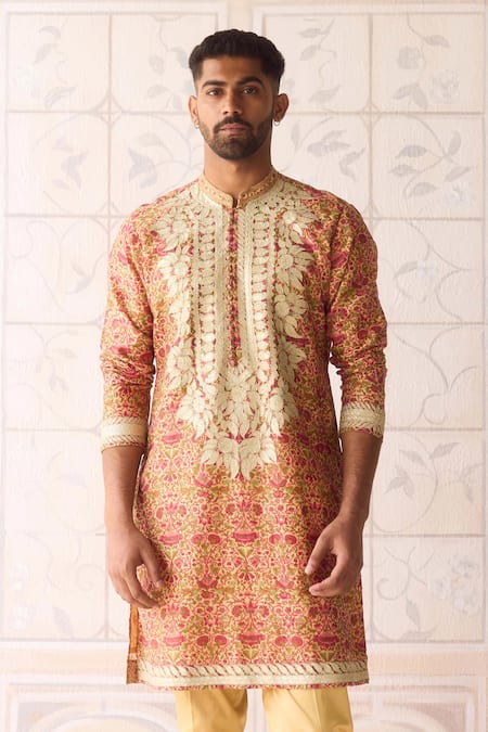 Shop_Shyam Narayan Prasad_Yellow Chanderi Cotton Embroidery Kurta Set _Online_at_Aza_Fashions
