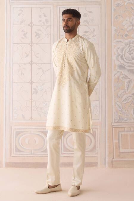 Buy_Shyam Narayan Prasad_Off White , Satin Embroidery Kurta Set 