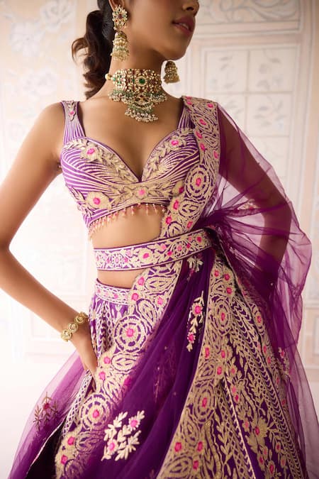 Shyam Narayan Prasad Purple Silk, Net Embroidery, Gota Patti V-neck Royal Lehenga Set Online at Aza Fashions Shyam Narayan Prasad_Purple Silk, Net Embroidery, Gota Patti V-neck Royal Lehenga Set _Online_at_Aza_Fashions