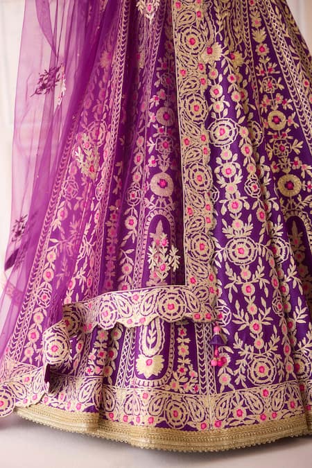 Buy Shyam Narayan Prasad Purple Silk, Net Embroidery, Gota Patti V-neck Royal Lehenga Set Online at Aza Fashions Buy_Shyam Narayan Prasad_Purple Silk, Net Embroidery, Gota Patti V-neck Royal Lehenga Set _Online_at_Aza_Fashions