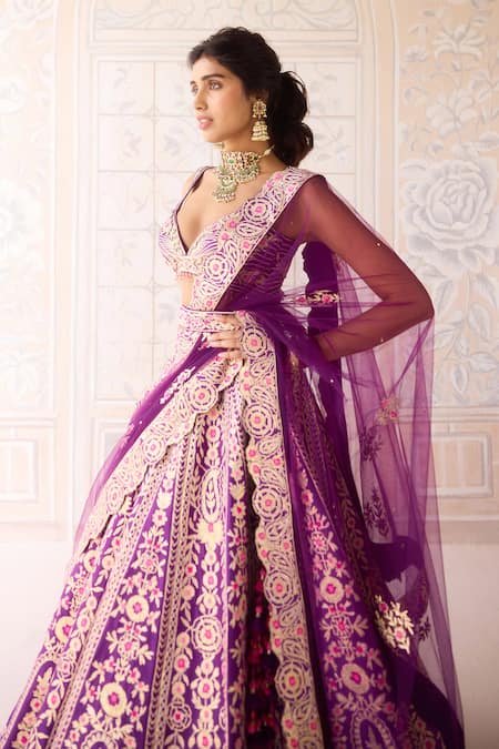 Shop Shyam Narayan Prasad Purple Silk, Net Embroidery, Gota Patti V-neck Royal Lehenga Set Online at Aza Fashions Shop_Shyam Narayan Prasad_Purple Silk, Net Embroidery, Gota Patti V-neck Royal Lehenga Set _Online_at_Aza_Fashions