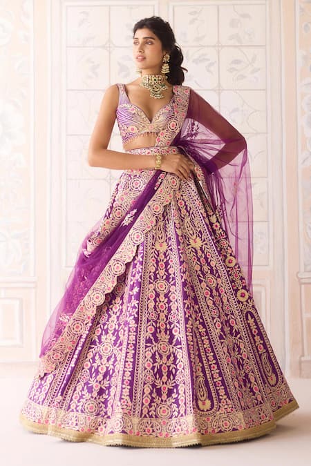 Shyam Narayan Prasad Purple Silk, Net Embroidery, Gota Patti V-neck Royal Lehenga Set 