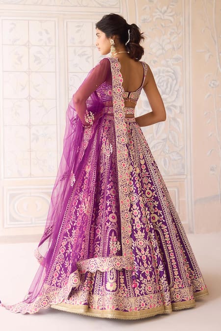 Shop Shyam Narayan Prasad Purple Silk, Net Embroidery, Gota Patti V-neck Royal Lehenga Set at Aza Fashions Shop_Shyam Narayan Prasad_Purple Silk, Net Embroidery, Gota Patti V-neck Royal Lehenga Set _at_Aza_Fashions