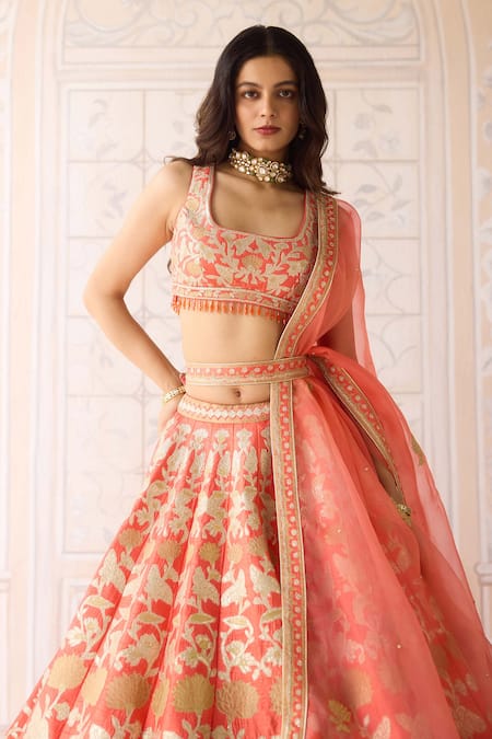 Shyam Narayan Prasad_Coral Silk Beads, Zari Square Neck Orange Embroidered Lehenga Set _Online_at_Aza_Fashions
