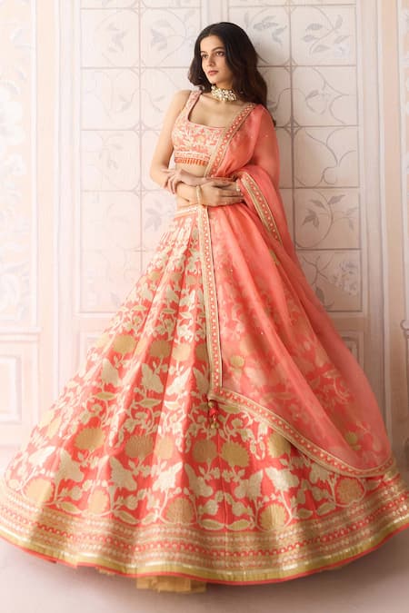 Buy_Shyam Narayan Prasad_Coral Silk Beads, Zari Square Neck Orange Embroidered Lehenga Set _Online_at_Aza_Fashions