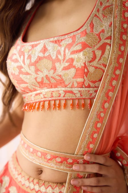 Shop_Shyam Narayan Prasad_Coral Silk Beads, Zari Square Neck Orange Embroidered Lehenga Set _Online_at_Aza_Fashions