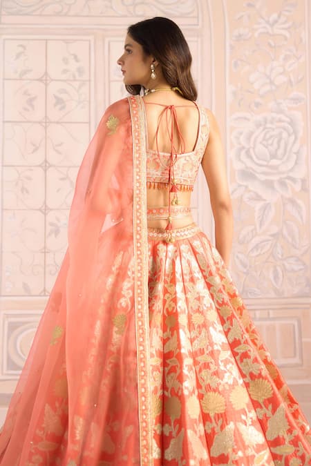 Shyam Narayan Prasad Coral Orange Zari Embroidered Lehenga Set 