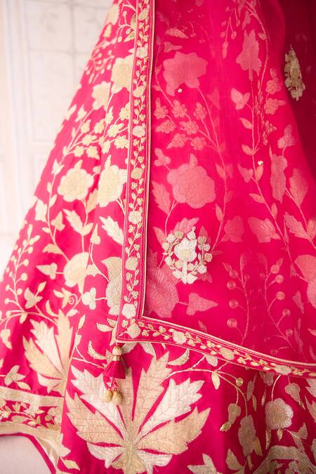 Shyam Narayan Prasad Pink Silk, Organza Embroidery, Applique Sweetheart Carmine Rose Lehenga Set at Aza Fashions Shyam Narayan Prasad_Pink Silk, Organza Embroidery, Applique Sweetheart Carmine Rose Lehenga Set _at_Aza_Fashions