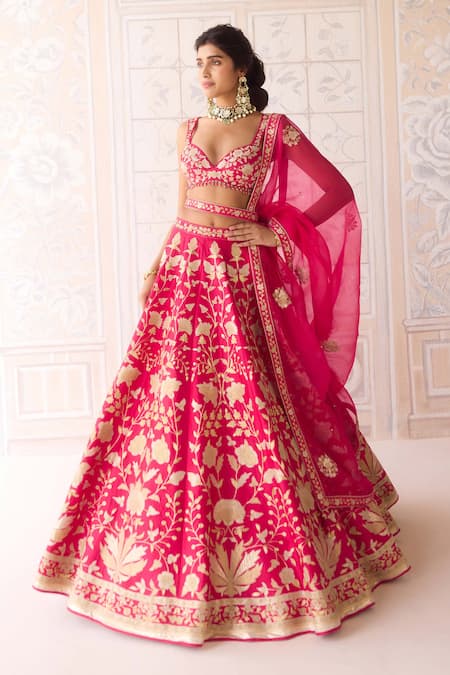 Shyam Narayan Prasad Pink Silk, Organza Embroidery, Applique Sweetheart Carmine Rose Lehenga Set 
