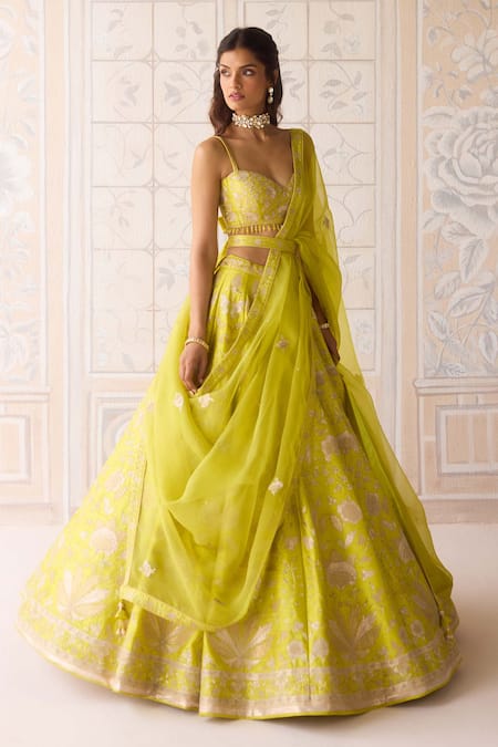Shyam Narayan Prasad_Green Silk, Organza Embroidery, Applique V-neck Spring Lehenga Set _at_Aza_Fashions