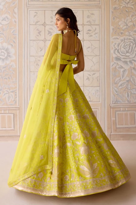 Shop_Shyam Narayan Prasad_Green Silk, Organza Embroidery, Applique V-neck Spring Lehenga Set _at_Aza_Fashions