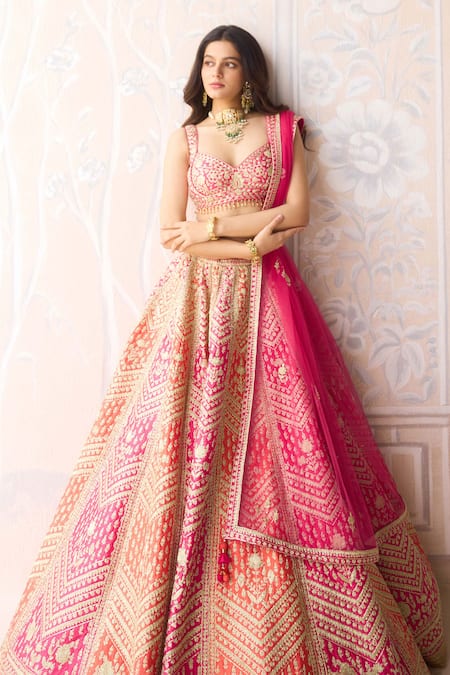 Buy_Shyam Narayan Prasad_Coral Silk, Organza Embroidery, Beads, Zari Orange Pink Bridal Lehenga Set _Online_at_Aza_Fashions