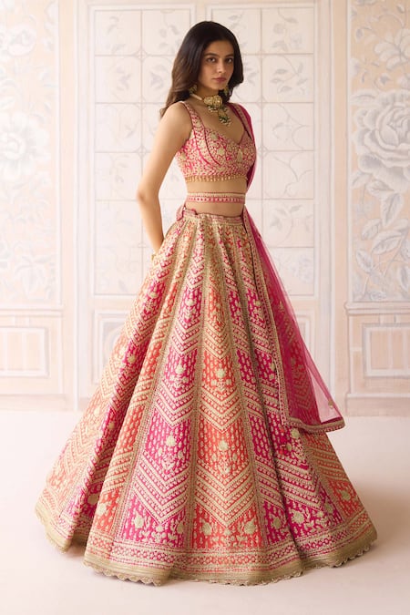 Shyam Narayan Prasad_Coral Silk, Organza Embroidery, Beads, Zari Orange Pink Bridal Lehenga Set _at_Aza_Fashions