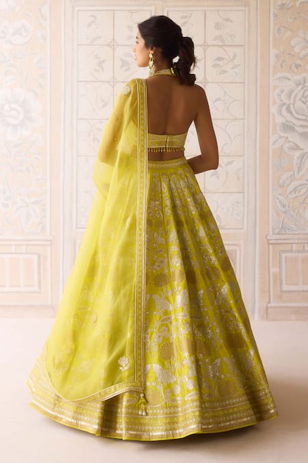 Shop Shyam Narayan Prasad Green Silk, Organza Embroidery, Applique V-neck Spring Lehenga Set at Aza Fashions Shop_Shyam Narayan Prasad_Green Silk, Organza Embroidery, Applique V-neck Spring Lehenga Set _at_Aza_Fashions