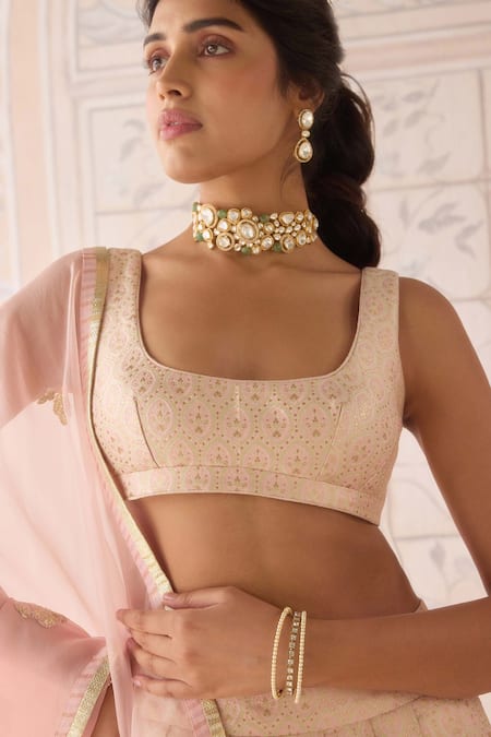 Shyam Narayan Prasad Pink Brocade, Organza Lace Square Neck Pearl Lehenga Set Online at Aza Fashions Shyam Narayan Prasad_Pink Brocade, Organza Lace Square Neck Pearl Lehenga Set _Online_at_Aza_Fashions