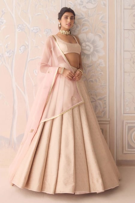 Shop Shyam Narayan Prasad Pink Brocade, Organza Lace Square Neck Pearl Lehenga Set Online at Aza Fashions Shop_Shyam Narayan Prasad_Pink Brocade, Organza Lace Square Neck Pearl Lehenga Set _Online_at_Aza_Fashions
