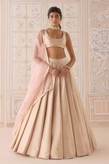 Shyam Narayan Prasad Pink Brocade, Organza Lace Square Neck Pearl Lehenga Set 