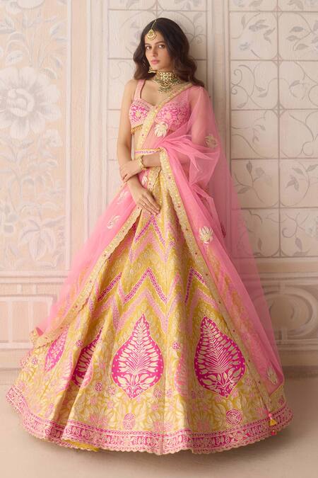 Shop_Shyam Narayan Prasad_Yellow Silk, Organza Applique, Gota Patti, Embroidery Freesia Lehenga Set _Online_at_Aza_Fashions