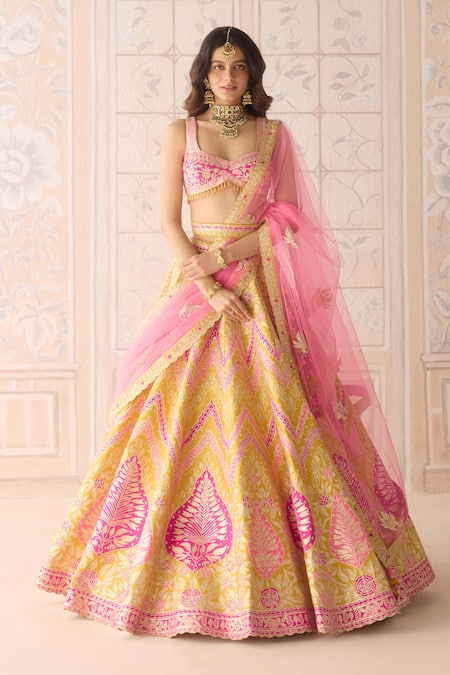 Shyam Narayan Prasad Yellow Silk, Organza Applique, Gota Patti, Embroidery Freesia Lehenga Set 