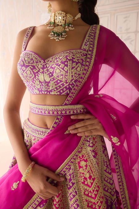 Buy Shyam Narayan Prasad Purple Silk, Organza Embroidery Sweetheart Neck Zari Dori Lehenga Set Buy_Shyam Narayan Prasad_Purple Silk, Organza Embroidery Sweetheart Neck Zari Dori Lehenga Set