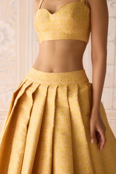 Shyam Narayan Prasad Yellow Brocade, Organza Embroidery, Lace Sweetheart Neck Primrose Lehenga Set at Aza Fashions Shyam Narayan Prasad_Yellow Brocade, Organza Embroidery, Lace Sweetheart Neck Primrose Lehenga Set _at_Aza_Fashions