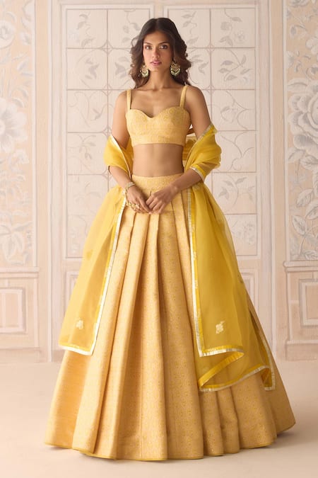 Shyam Narayan Prasad Yellow Brocade, Organza Embroidery, Lace Sweetheart Neck Primrose Lehenga Set 