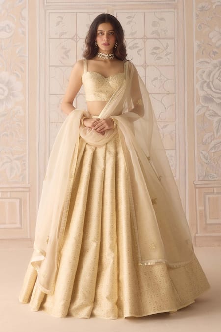 Shyam Narayan Prasad Ivory Brocade, Organza Embroidery Sweetheart Neck Lehenga Set 