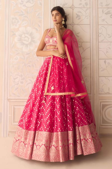 Buy Shyam Narayan Prasad Pink Chanderi, Brocade, Net Embroidery Round Neck Raspberry Lehenga Set Online at Aza Fashions Buy_Shyam Narayan Prasad_Pink Chanderi, Brocade, Net Embroidery Round Neck Raspberry Lehenga Set _Online_at_Aza_Fashions