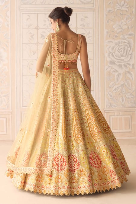 Shop Shyam Narayan Prasad Yellow Silk, Organza Sequins, Beads, Embroidery Acacia Applique Lehenga Set at Aza Fashions Shop_Shyam Narayan Prasad_Yellow Silk, Organza Sequins, Beads, Embroidery Acacia Applique Lehenga Set _at_Aza_Fashions