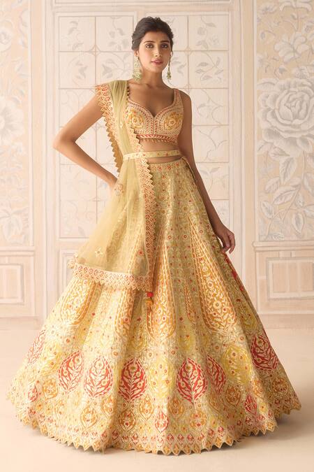 Buy Shyam Narayan Prasad Yellow Silk, Organza Sequins, Beads, Embroidery Acacia Applique Lehenga Set Buy_Shyam Narayan Prasad_Yellow Silk, Organza Sequins, Beads, Embroidery Acacia Applique Lehenga Set