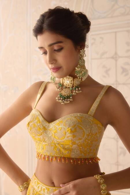 Shyam Narayan Prasad_Yellow Silk, Organza Embroidery, Applique Dandelion Classic Lehenga Set _Online_at_Aza_Fashions