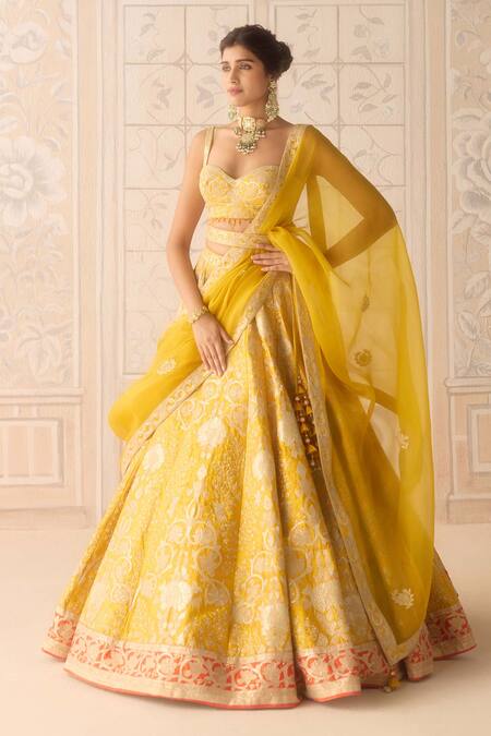 Buy_Shyam Narayan Prasad_Yellow Silk, Organza Embroidery, Applique Dandelion Classic Lehenga Set _Online_at_Aza_Fashions