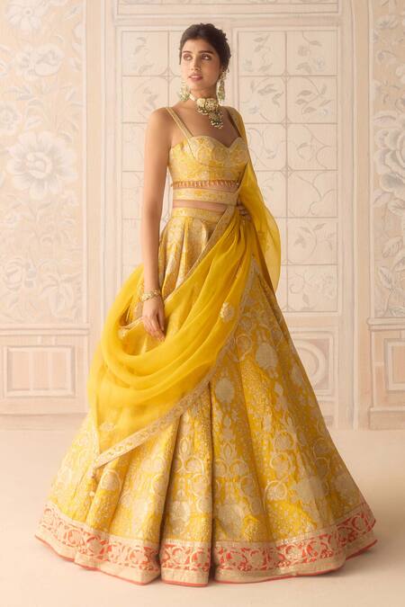 Shop_Shyam Narayan Prasad_Yellow Silk, Organza Embroidery, Applique Dandelion Classic Lehenga Set _Online_at_Aza_Fashions