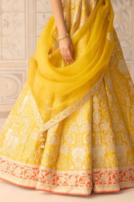 Shop_Shyam Narayan Prasad_Yellow Silk, Organza Embroidery, Applique Dandelion Classic Lehenga Set 