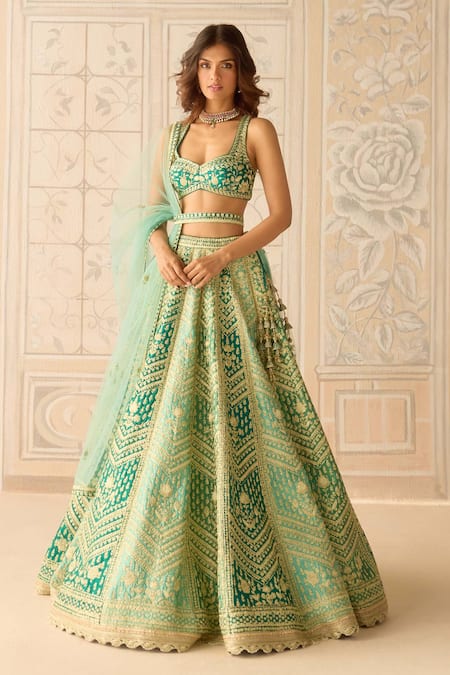 Shyam Narayan Prasad_Teal Silk, Organza Tassels, Embroidery, Zari Round Neck Mist Green Lehenga Set _Online_at_Aza_Fashions