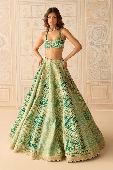 Shop_Shyam Narayan Prasad_Teal Silk, Organza Tassels, Embroidery, Zari Round Neck Mist Green Lehenga Set _Online_at_Aza_Fashions