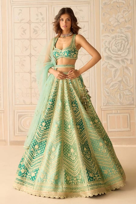 Shyam Narayan Prasad_Teal Silk, Organza Tassels, Embroidery, Zari Round Neck Mist Green Lehenga Set _at_Aza_Fashions