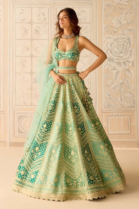 Shop_Shyam Narayan Prasad_Teal Silk, Organza Tassels, Embroidery, Zari Round Neck Mist Green Lehenga Set 