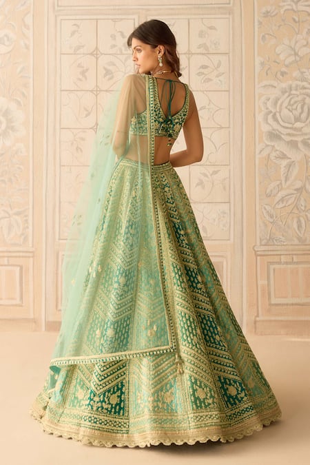 Shyam Narayan Prasad Zari Embroidered Mist Teal Green Lehenga Set 