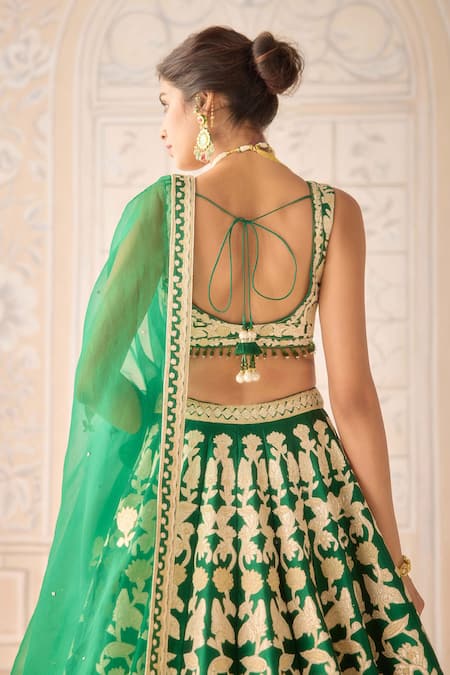 Shyam Narayan Prasad Green Silk, Chiffon Embroidery, Zari Round Neck Dark Lehenga Set Online at Aza Fashions Shyam Narayan Prasad_Green Silk, Chiffon Embroidery, Zari Round Neck Dark Lehenga Set _Online_at_Aza_Fashions