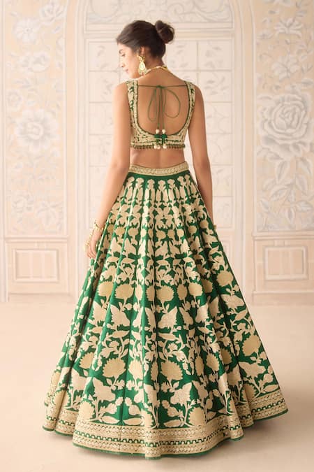 Buy Shyam Narayan Prasad Green Silk, Chiffon Embroidery, Zari Round Neck Dark Lehenga Set Online at Aza Fashions Buy_Shyam Narayan Prasad_Green Silk, Chiffon Embroidery, Zari Round Neck Dark Lehenga Set _Online_at_Aza_Fashions