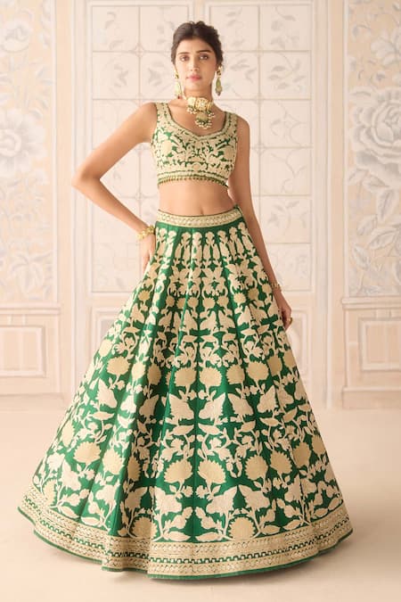 Shop Shyam Narayan Prasad Green Silk, Chiffon Embroidery, Zari Round Neck Dark Lehenga Set Online at Aza Fashions Shop_Shyam Narayan Prasad_Green Silk, Chiffon Embroidery, Zari Round Neck Dark Lehenga Set _Online_at_Aza_Fashions