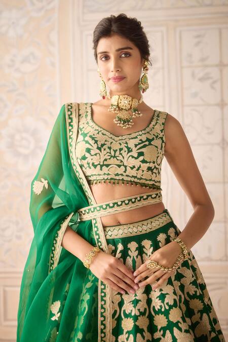 Shyam Narayan Prasad Green Silk, Chiffon Embroidery, Zari Round Neck Dark Lehenga Set at Aza Fashions Shyam Narayan Prasad_Green Silk, Chiffon Embroidery, Zari Round Neck Dark Lehenga Set _at_Aza_Fashions