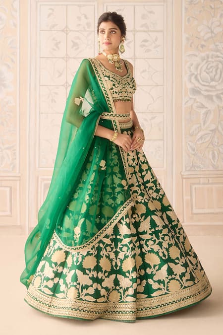 Buy Shyam Narayan Prasad Green Silk, Chiffon Embroidery, Zari Round Neck Dark Lehenga Set Buy_Shyam Narayan Prasad_Green Silk, Chiffon Embroidery, Zari Round Neck Dark Lehenga Set