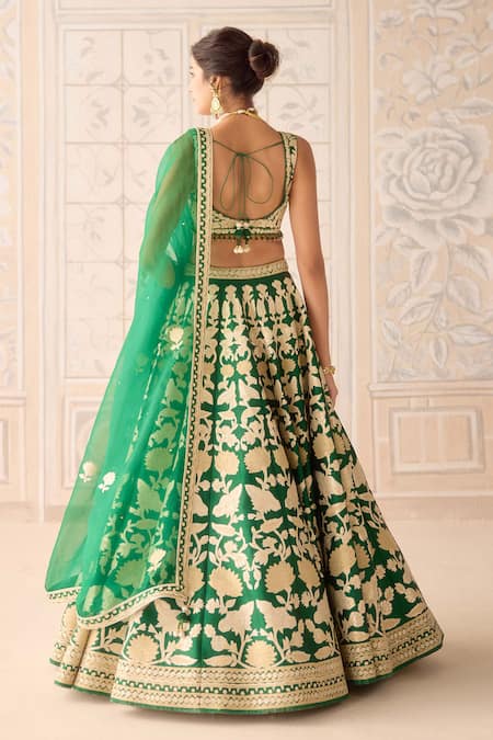 Shop Shyam Narayan Prasad Green Silk, Chiffon Embroidery, Zari Round Neck Dark Lehenga Set at Aza Fashions Shop_Shyam Narayan Prasad_Green Silk, Chiffon Embroidery, Zari Round Neck Dark Lehenga Set _at_Aza_Fashions