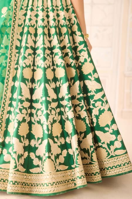 Shop Shyam Narayan Prasad Green Silk, Chiffon Embroidery, Zari Round Neck Dark Lehenga Set Shop_Shyam Narayan Prasad_Green Silk, Chiffon Embroidery, Zari Round Neck Dark Lehenga Set